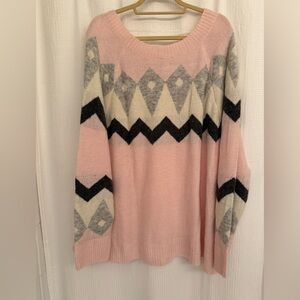Plus size 3x Como Vintage Pink and Gray Geometric Sweater